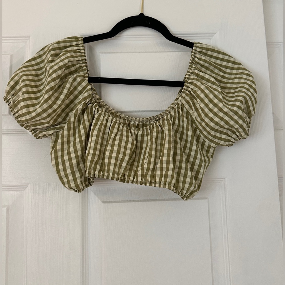 SHEIN Gingham Puff Sleeve Crop Top - Olive